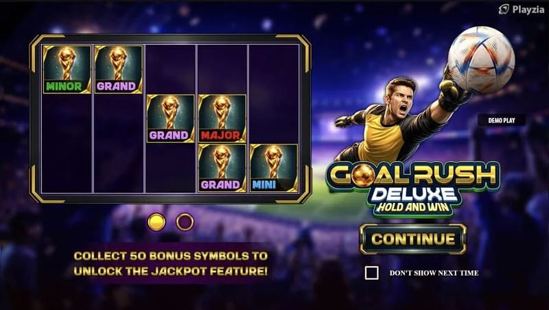 Goal Rush Deluxe - hlavné menu s valcami a tribúnami štadióna